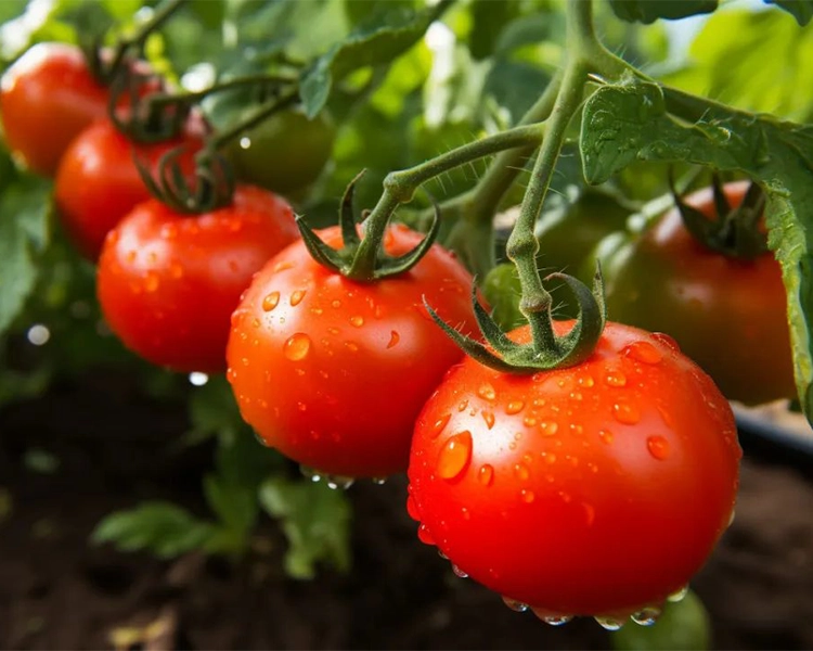 Fresh tomatoes hang on branches.